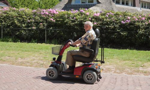 Senior fährt mit einem elektrischen Mobilitätsscooter an einem Blumengarten vorbei