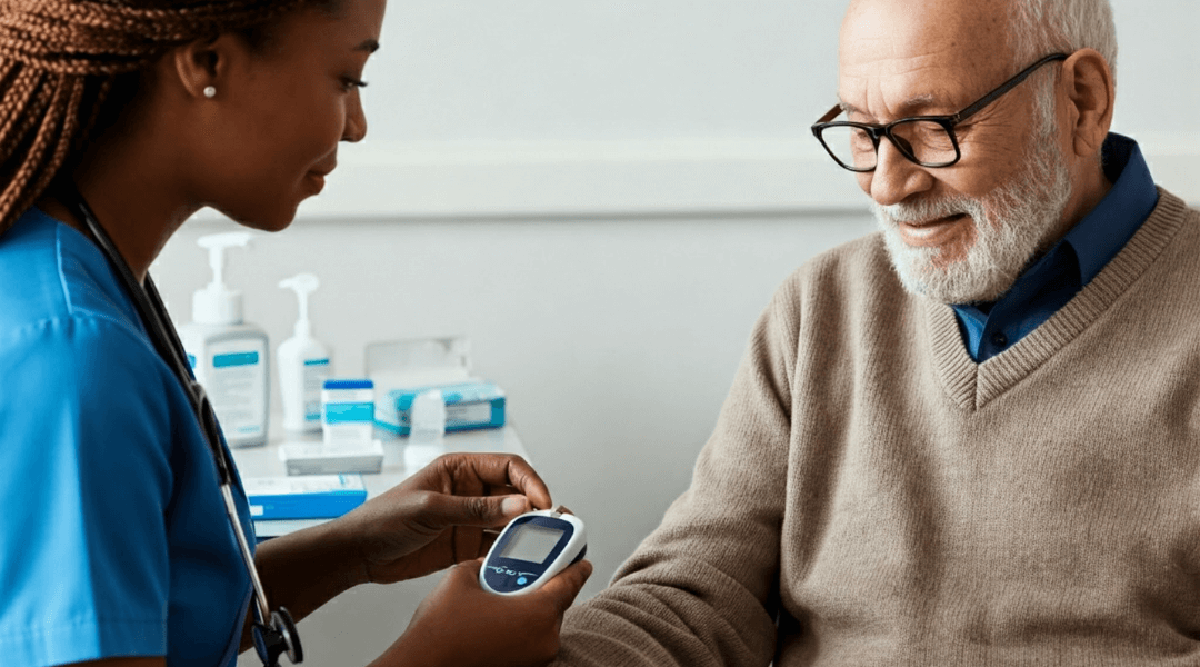 Pflegekraft misst Blutzuckerspiegel bei einem älteren Mann im Rahmen der Behandlungspflege in Berlin. Professionelle medizinische Betreuung zur Förderung der Gesundheit.