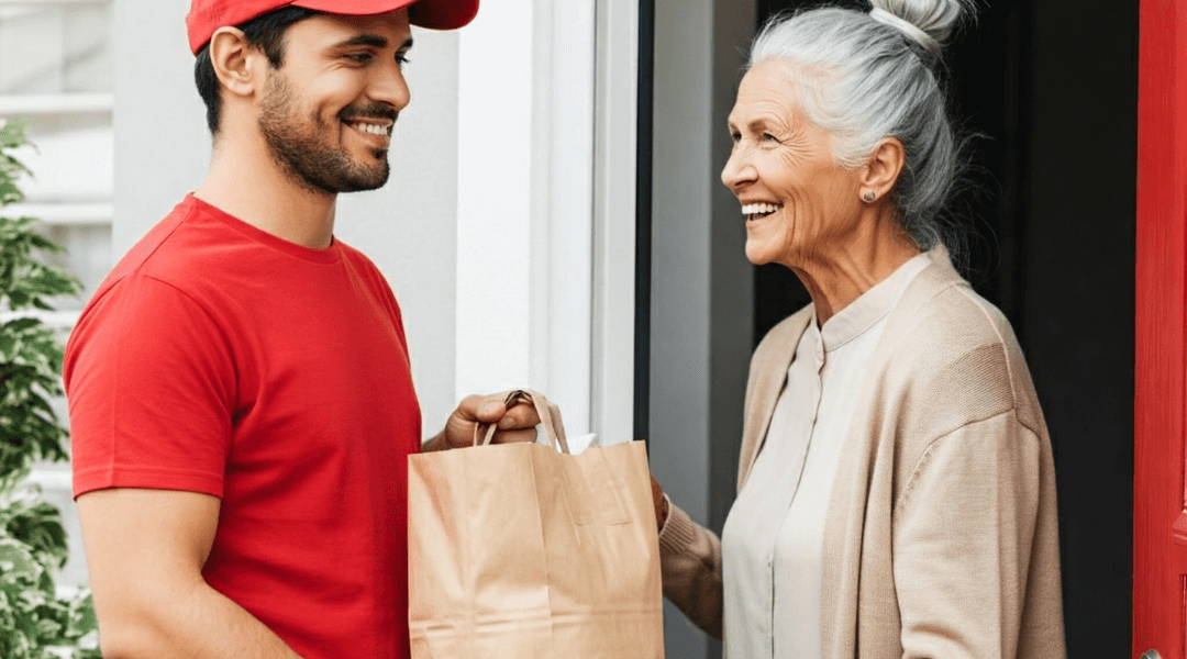 Ältere Dame erhält eine Lebensmittellieferung von einem freundlichen Kurier – Unterstützung bei Essenslieferdiensten in Berlin