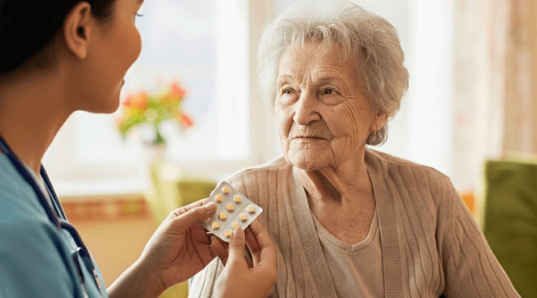 Pflegekraft überreicht einer älteren Dame Medikamente – Unterstützung im Alltag.