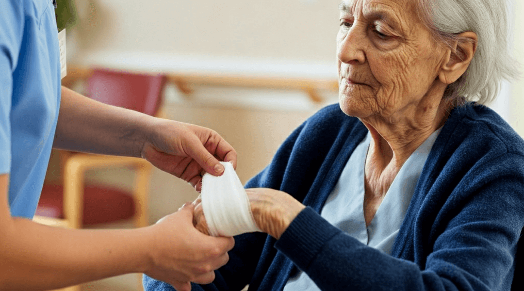 Pflegekraft verbindet die Hand einer älteren Dame – Wundversorgung in Berlin.