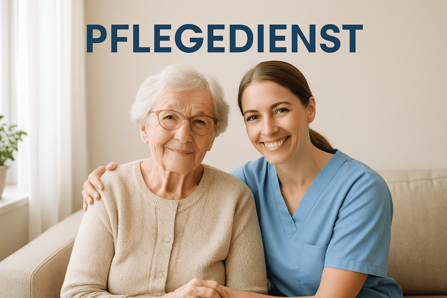 Pflegedienst in der Nähe: Pflegekraft und ältere Frau lächeln gemeinsam auf dem Sofa.